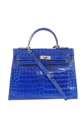 Hermes Kelly 32cm Shoulder Bags Blue Iridescent Croco Leather Gold PY1598aM39