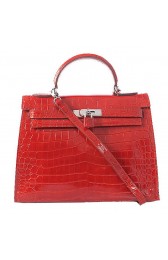 Hermes Kelly 32cm Shoulder Bags Red Iridescent Croco Leather Silver PY1603wn15