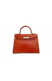 Imitation Hermes Kelly 32cm Shoulder Bag Orange Croco Patent Leather K32 Gold PY1841wo43