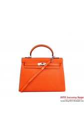 Imitation Hermes Kelly 32cm Top Handle Bag Orange Woven Leather Silver PY1903uq94