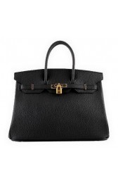 Knockoff Hermes Birkin 35CM Tote Bags Black Grainy Leather H-35 Gold PY1422FI62