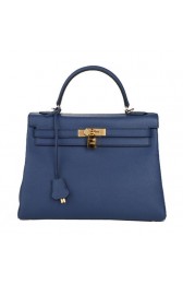 Replica Hermes Kelly 32cm Shoulder Bag Dark Blue Original Leather K32 Gold PY1643DW49