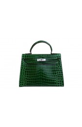 Replica Hermes Kelly 32cm Shoulder Bag Green Croco Patent Leather K32 Silver PY1830Va47