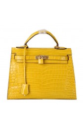 Replica Hermes Kelly 32cm Shoulder Bags Yellow Iridescent Croco Leather Gold PY1599cS18